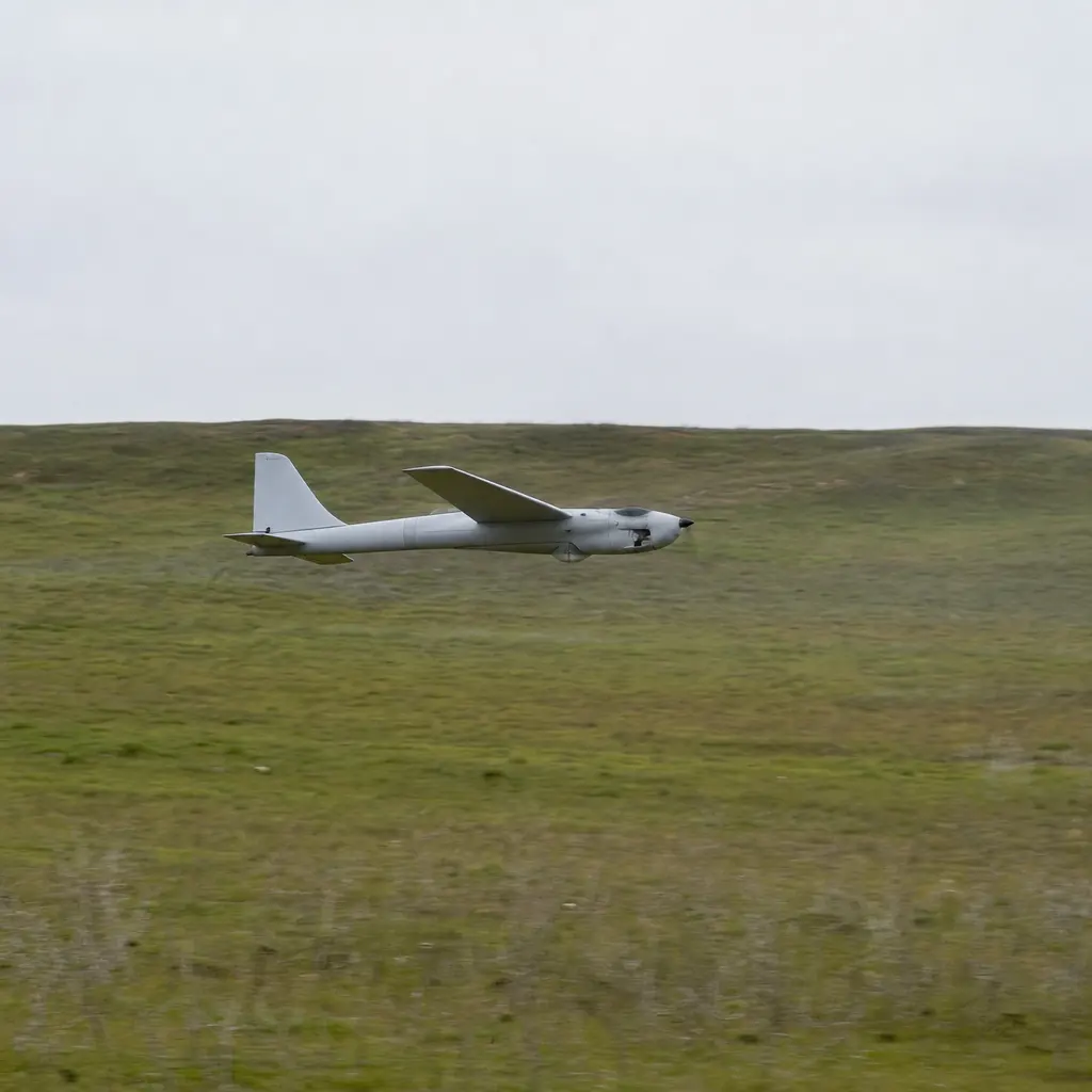A small uncrewed aircraft flying low over open ground under flat overcast light, terrain filling most of the frame.