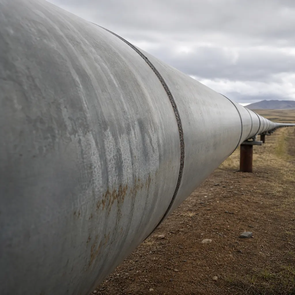 A section of large-diameter steel pipeline crossing open terrain, weld seams visible along its length.
