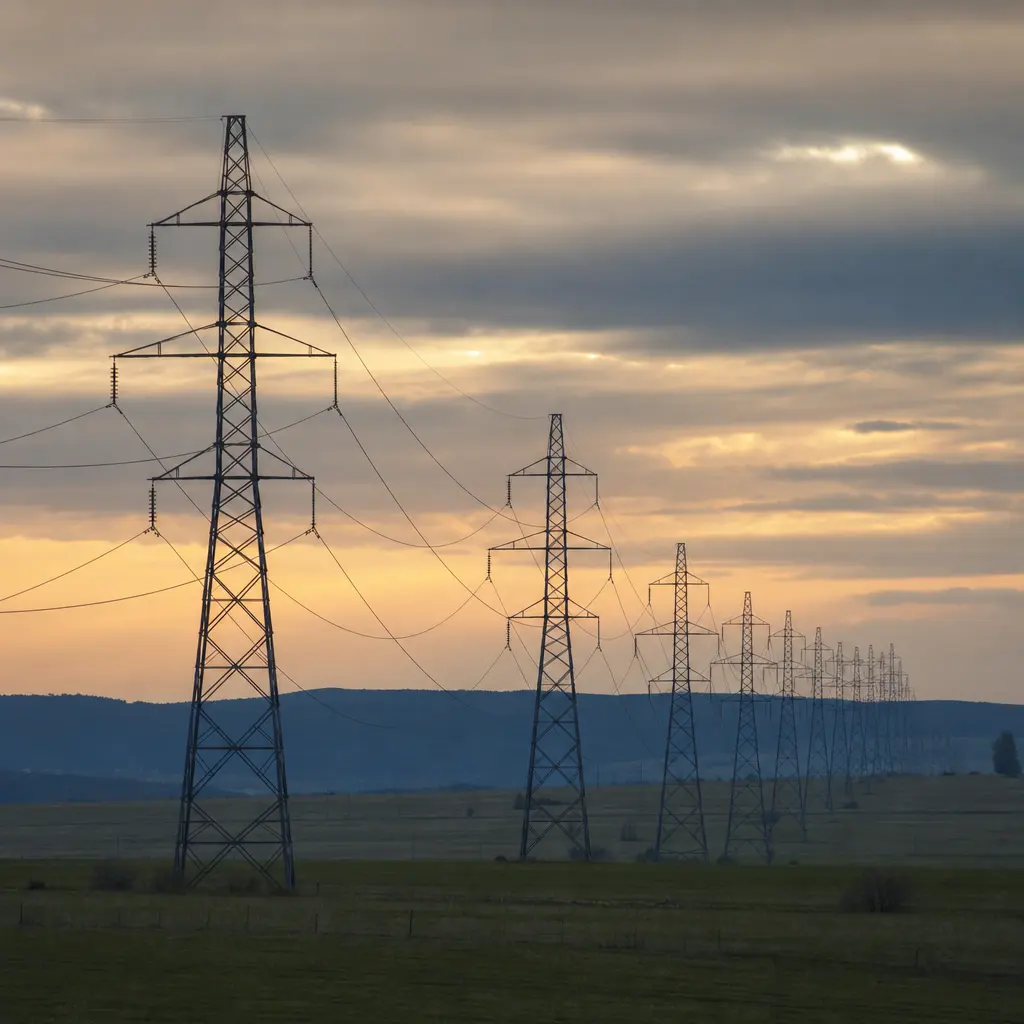 High-voltage transmission towers marching across open country at dusk, compressed by a long lens.