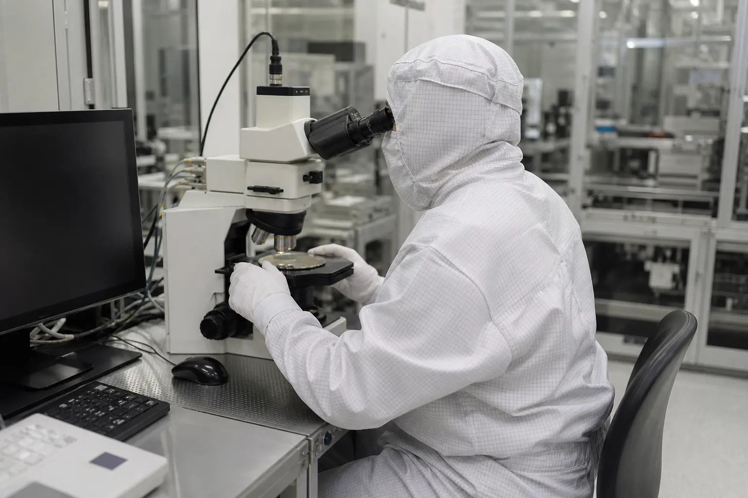 A researcher in cleanroom coverall and gloves working at a microscope station, viewed from the side and behind.